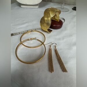 Goldtone Hoop & Tassel Earrings with swirl cuff bracelet